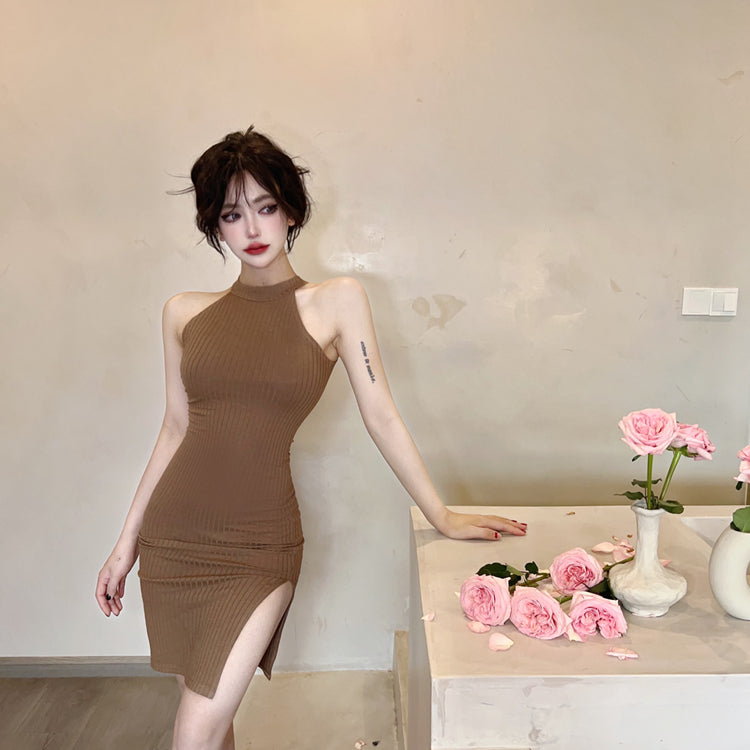 New Fashion Sleeveless Bodycon Mini Skirt Classical Ribbed Knit Side Split Halter Short Dress AP1695