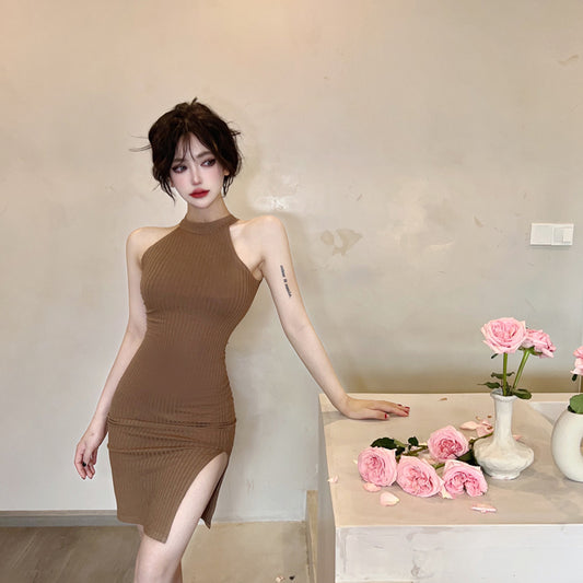 New Fashion Sleeveless Bodycon Mini Skirt Classical Ribbed Knit Side Split Halter Short Dress AP1695