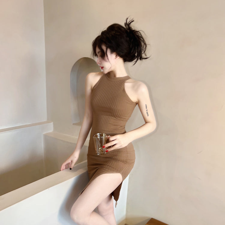 New Fashion Sleeveless Bodycon Mini Skirt Classical Ribbed Knit Side Split Halter Short Dress AP1695