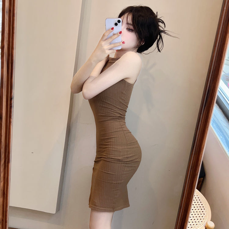 New Fashion Sleeveless Bodycon Mini Skirt Classical Ribbed Knit Side Split Halter Short Dress AP1695