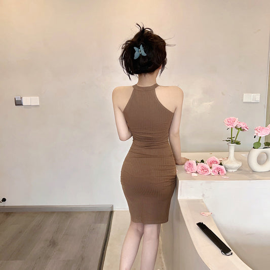 New Fashion Sleeveless Bodycon Mini Skirt Classical Ribbed Knit Side Split Halter Short Dress AP1695