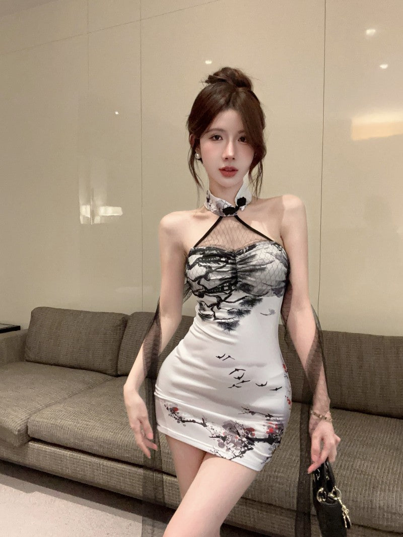 Vintage Ink-Wash Print Open-Back Mini Skirt Oriental Tulle Accents Bodycon Halter Short Dress AP1696