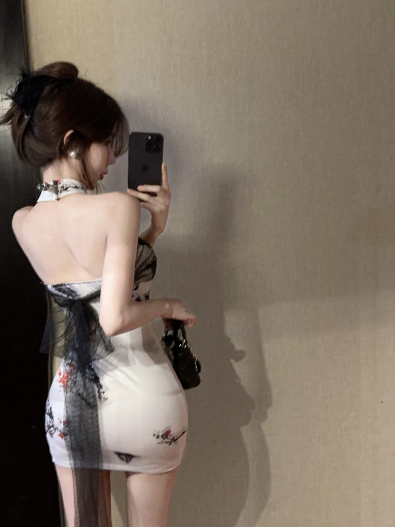 Vintage Ink-Wash Print Open-Back Mini Skirt Oriental Tulle Accents Bodycon Halter Short Dress AP1696