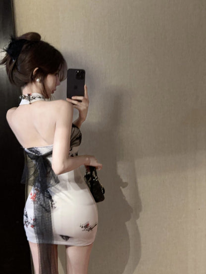 Vintage Ink-Wash Print Open-Back Mini Skirt Oriental Tulle Accents Bodycon Halter Short Dress AP1696