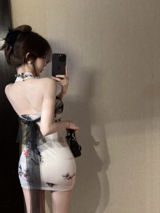 Vintage Ink-Wash Print Open-Back Mini Skirt Oriental Tulle Accents Bodycon Halter Short Dress AP1696