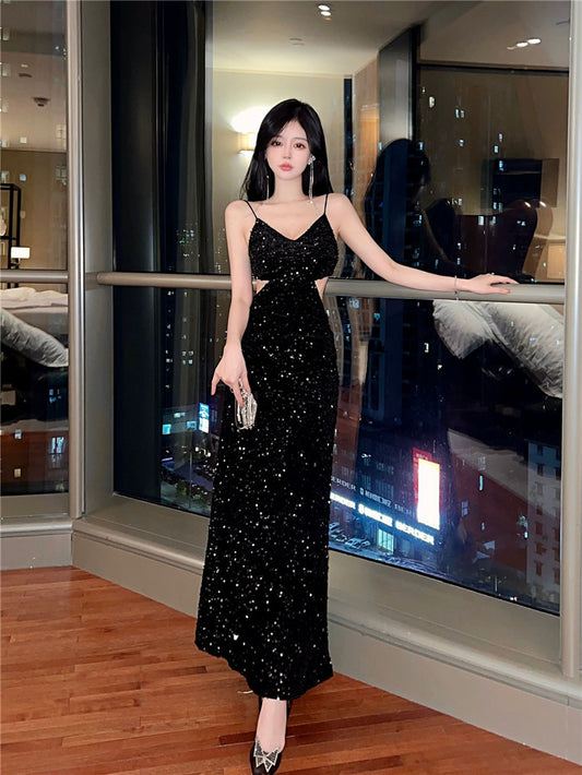 Luxurious Shining Black Sequin Spaghetti Strap Maxi Dress Chic Cut-Out Open Back Evening Outfit Long Dress AP1697