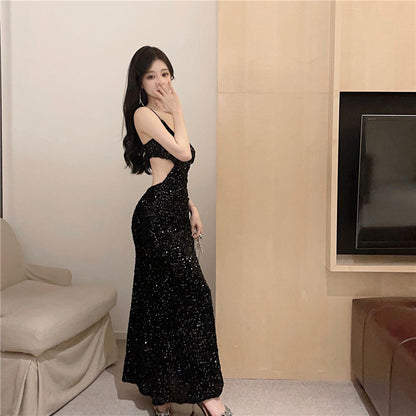 Luxurious Shining Black Sequin Spaghetti Strap Maxi Dress Chic Cut-Out Open Back Evening Outfit Long Dress AP1697
