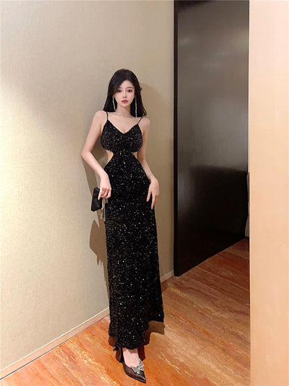 Luxurious Shining Black Sequin Spaghetti Strap Maxi Dress Chic Cut-Out Open Back Evening Outfit Long Dress AP1697