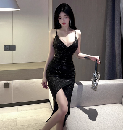 Charming Glittering Sequins Spaghetti Strap Midi Dress Vogue Evening Outfit High-Slit Black Mesh Splicing Long Dress AP1698