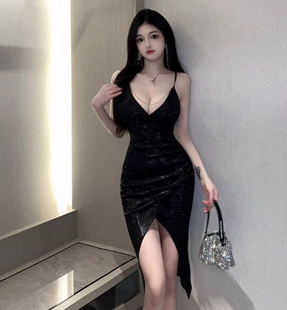 Charming Glittering Sequins Spaghetti Strap Midi Dress Vogue Evening Outfit High-Slit Black Mesh Splicing Long Dress AP1698