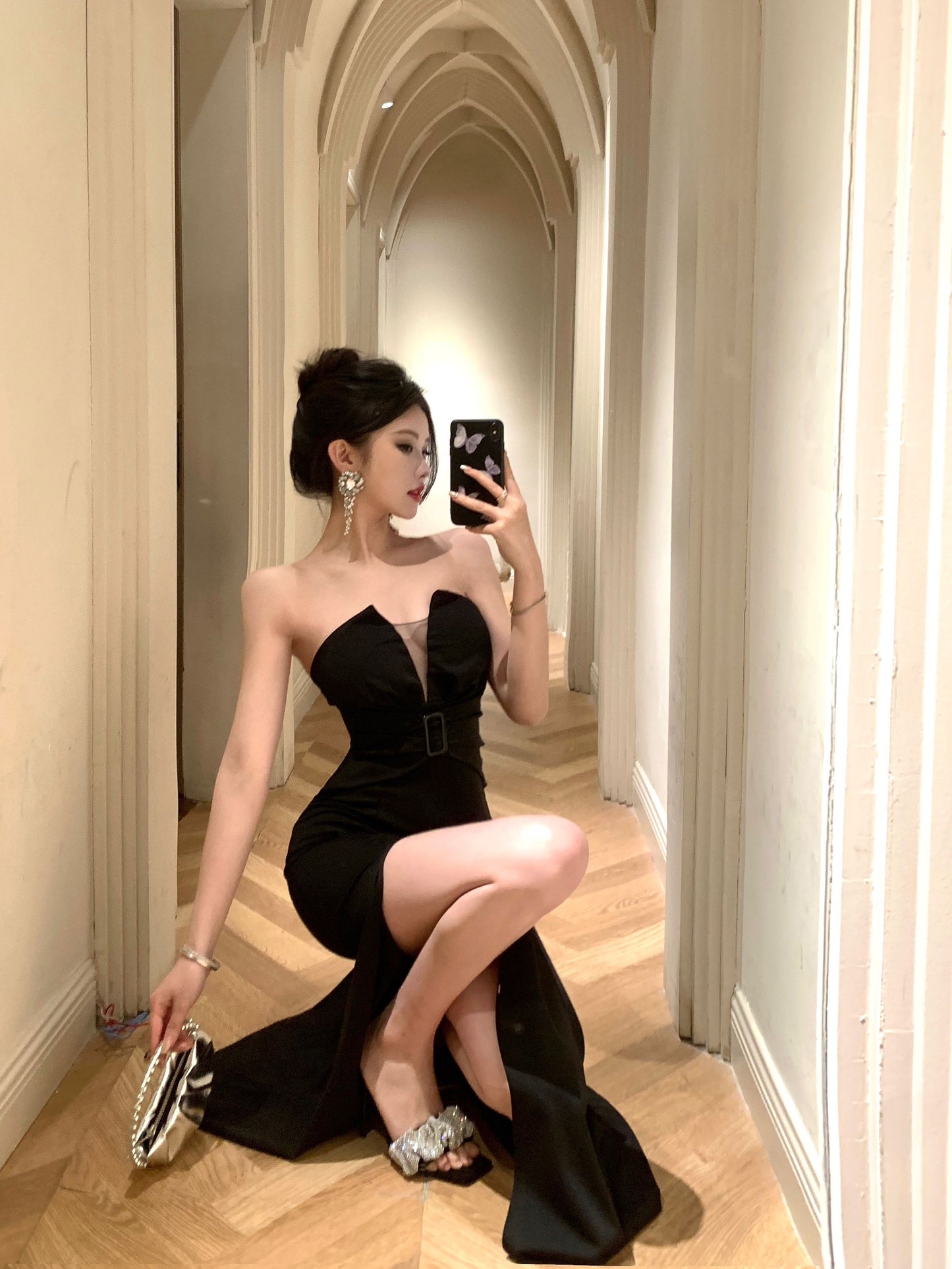 Charming Strapless High-Slit Cinched-Waist Maxi Skirt Sexy Vacation Outfit Sheath Backless Black Mesh Splicing Long Dress AP1700