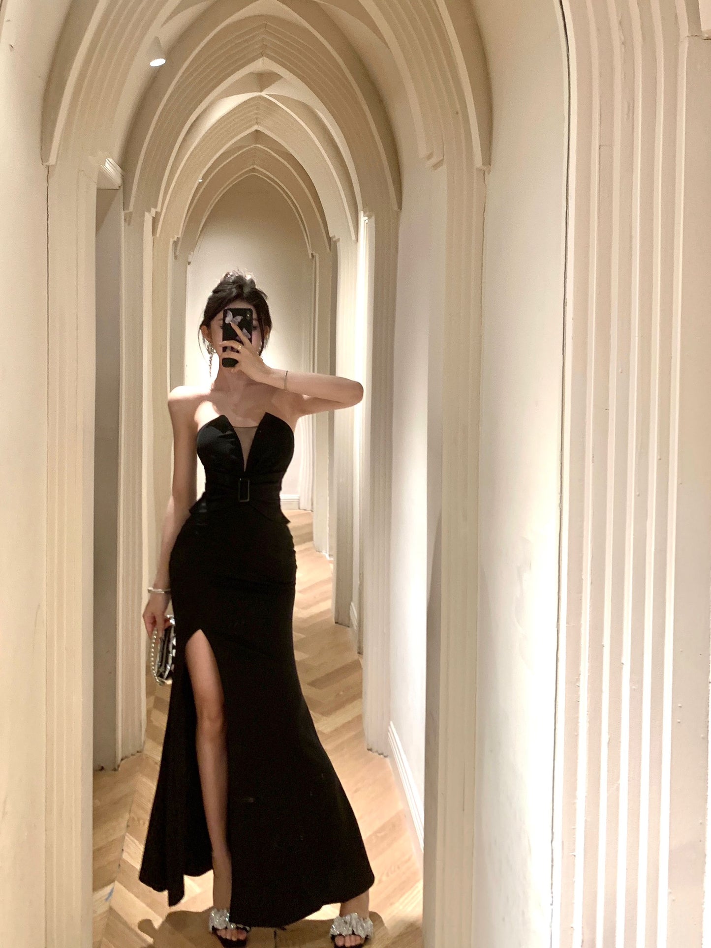 Charming Strapless High-Slit Cinched-Waist Maxi Skirt Sexy Vacation Outfit Sheath Backless Black Mesh Splicing Long Dress AP1700