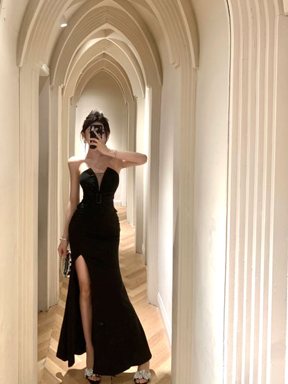 Charming Strapless High-Slit Cinched-Waist Maxi Skirt Sexy Vacation Outfit Sheath Backless Black Mesh Splicing Long Dress AP1700