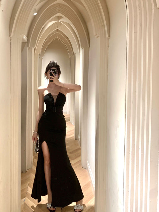 Charming Strapless High-Slit Cinched-Waist Maxi Skirt Sexy Vacation Outfit Sheath Backless Black Mesh Splicing Long Dress AP1700