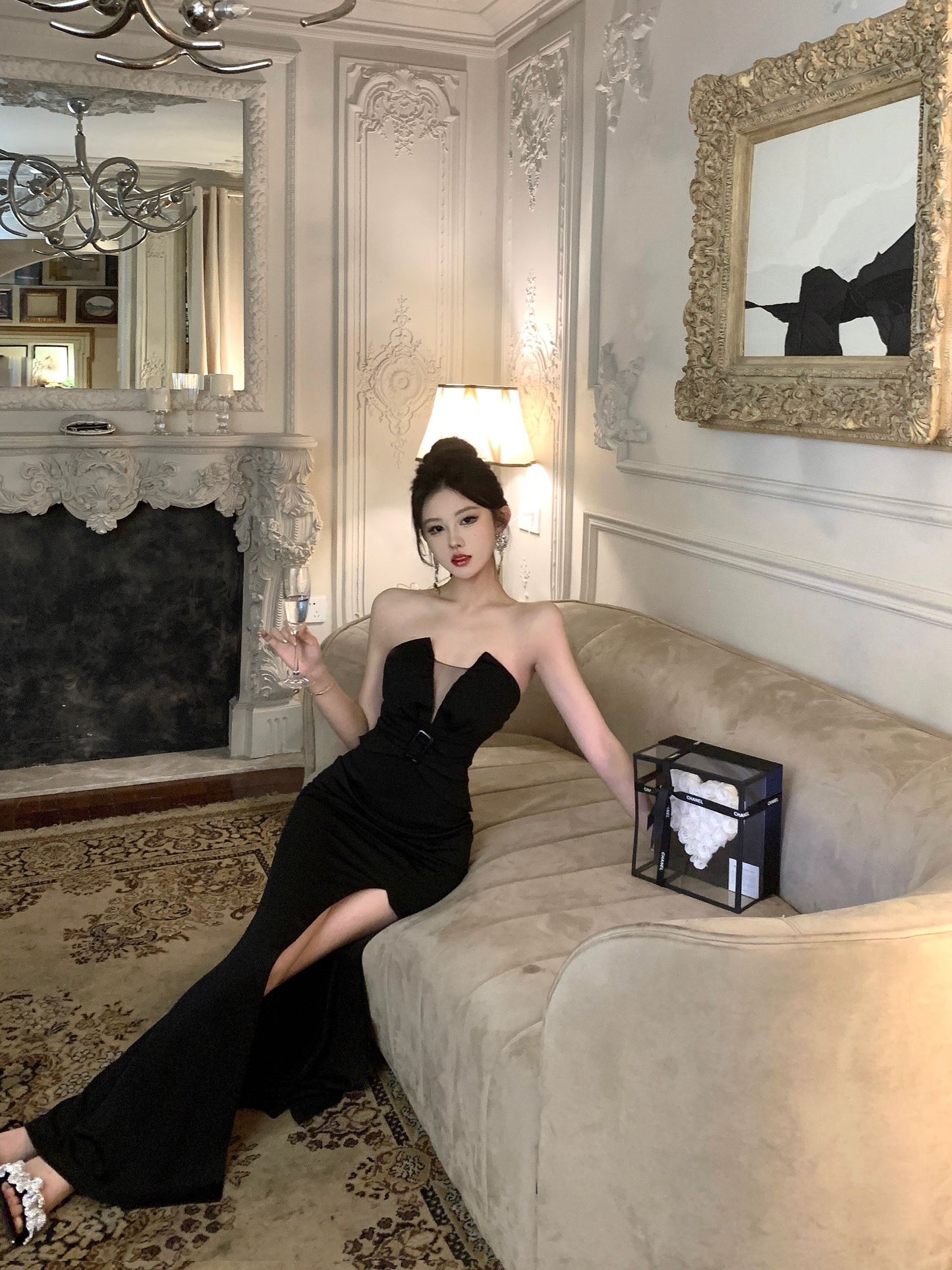 Charming Strapless High-Slit Cinched-Waist Maxi Skirt Sexy Vacation Outfit Sheath Backless Black Mesh Splicing Long Dress AP1700