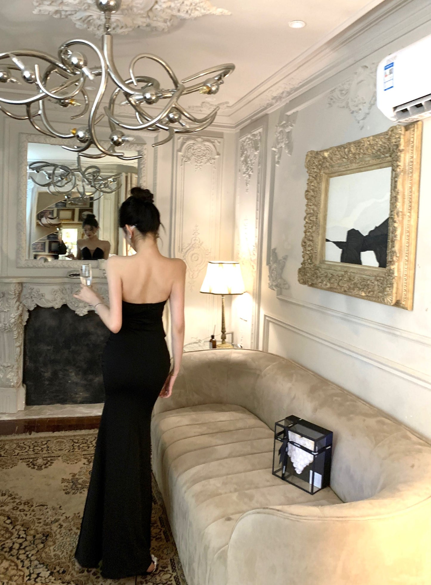 Charming Strapless High-Slit Cinched-Waist Maxi Skirt Sexy Vacation Outfit Sheath Backless Black Mesh Splicing Long Dress AP1700