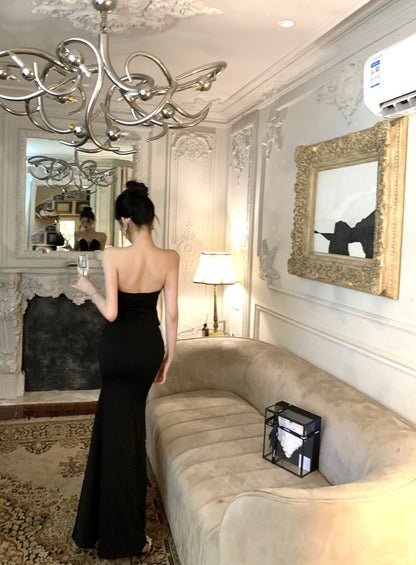 Charming Strapless High-Slit Cinched-Waist Maxi Skirt Sexy Vacation Outfit Sheath Backless Black Mesh Splicing Long Dress AP1700