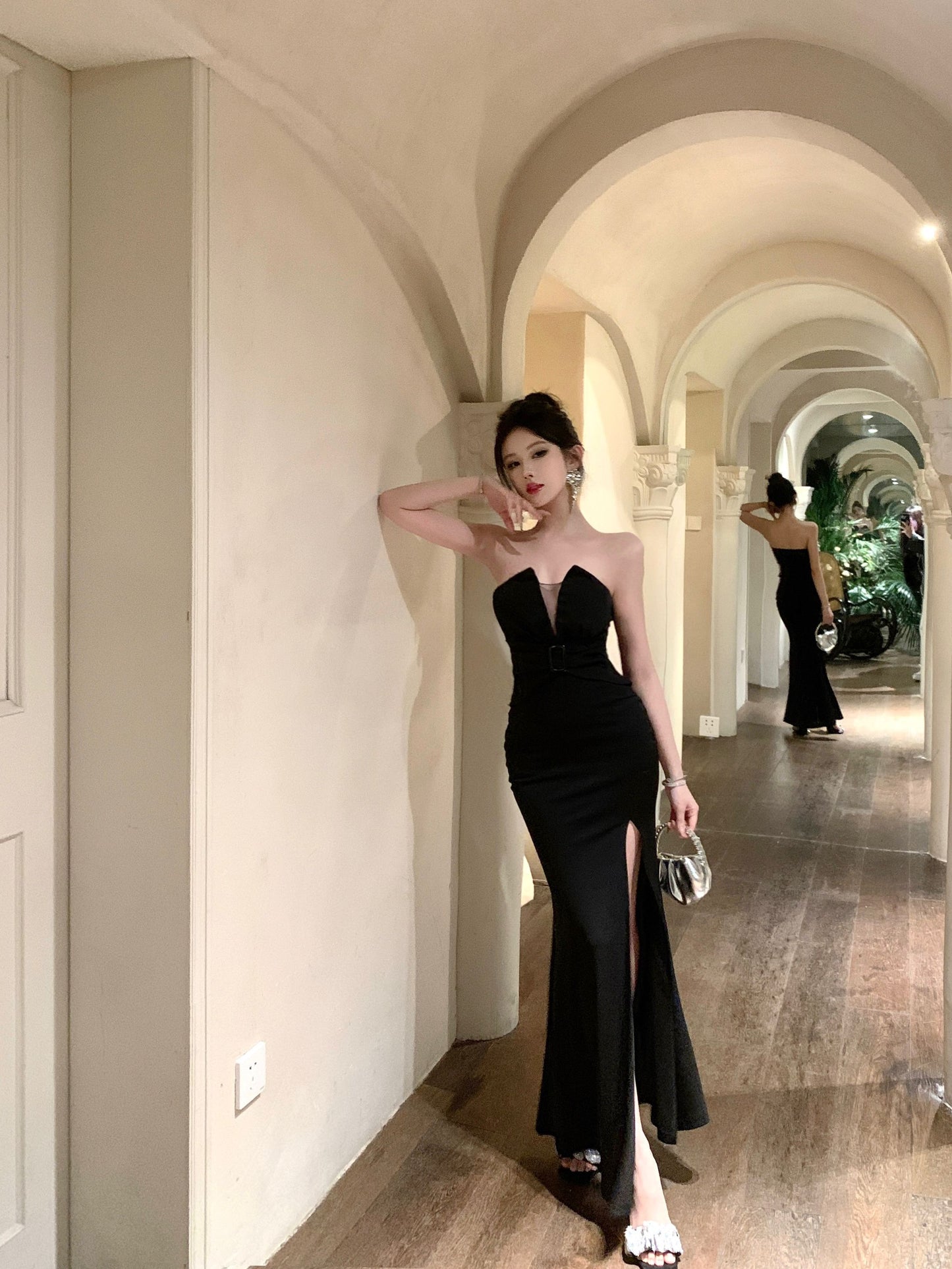 Charming Strapless High-Slit Cinched-Waist Maxi Skirt Sexy Vacation Outfit Sheath Backless Black Mesh Splicing Long Dress AP1700