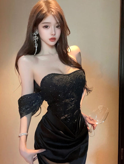 French-Inspired Black Ruched Sheath Mermaid Maxi Dress Vintage Off-Shoulder Bodycon Sparkly Sequins Backless Long Dress AP1701