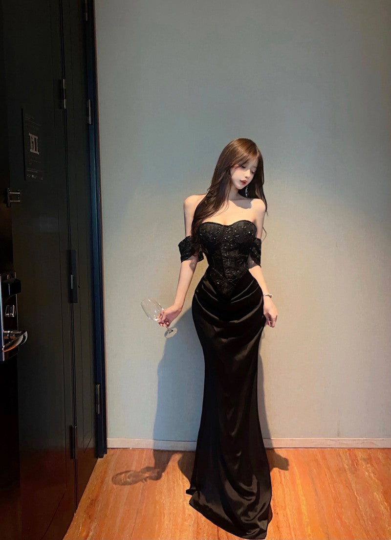 French-Inspired Black Ruched Sheath Mermaid Maxi Dress Vintage Off-Shoulder Bodycon Sparkly Sequins Backless Long Dress AP1701