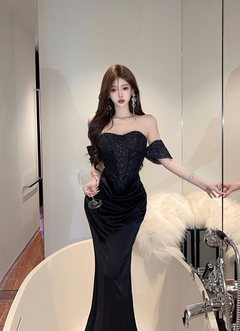 French-Inspired Black Ruched Sheath Mermaid Maxi Dress Vintage Off-Shoulder Bodycon Sparkly Sequins Backless Long Dress AP1701