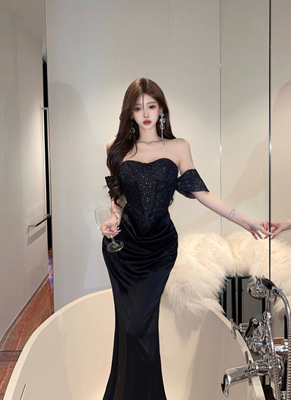 French-Inspired Black Ruched Sheath Mermaid Maxi Dress Vintage Off-Shoulder Bodycon Sparkly Sequins Backless Long Dress AP1701