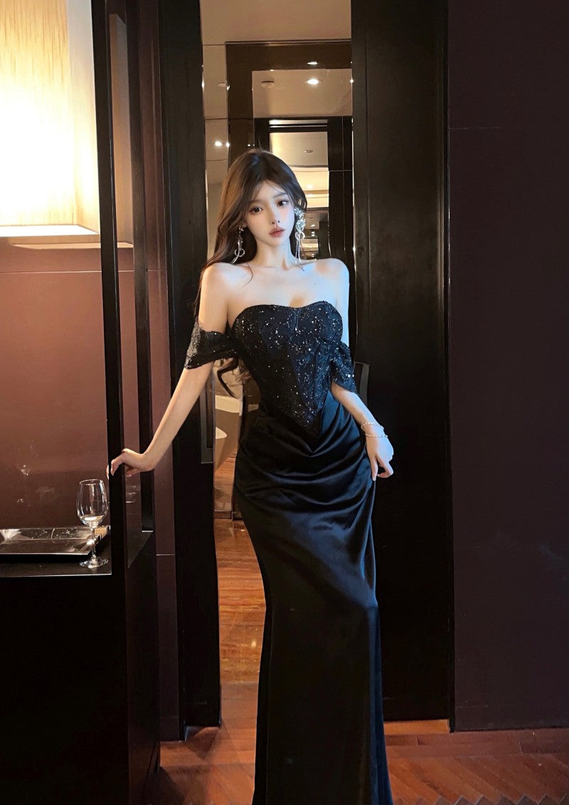 French-Inspired Black Ruched Sheath Mermaid Maxi Dress Vintage Off-Shoulder Bodycon Sparkly Sequins Backless Long Dress AP1701