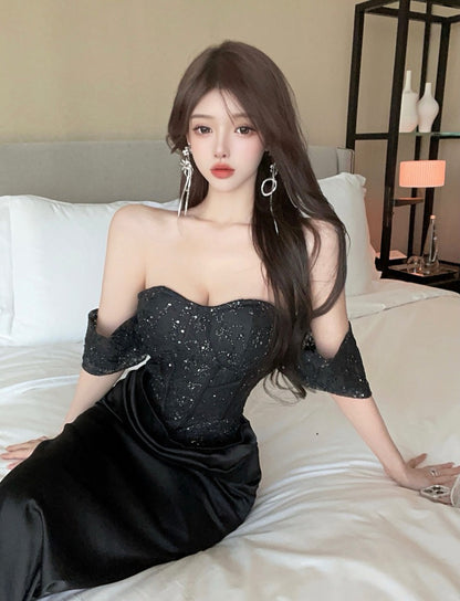 French-Inspired Black Ruched Sheath Mermaid Maxi Dress Vintage Off-Shoulder Bodycon Sparkly Sequins Backless Long Dress AP1701