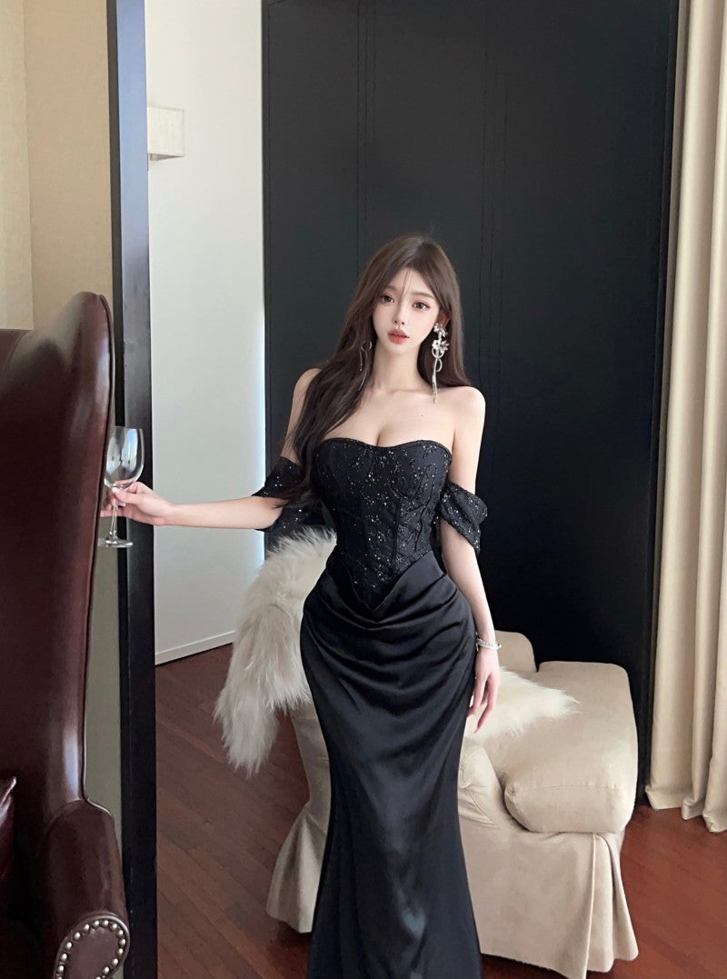 French-Inspired Black Ruched Sheath Mermaid Maxi Dress Vintage Off-Shoulder Bodycon Sparkly Sequins Backless Long Dress AP1701