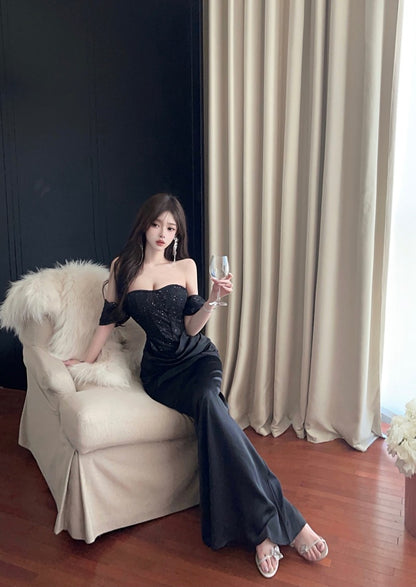 French-Inspired Black Ruched Sheath Mermaid Maxi Dress Vintage Off-Shoulder Bodycon Sparkly Sequins Backless Long Dress AP1701