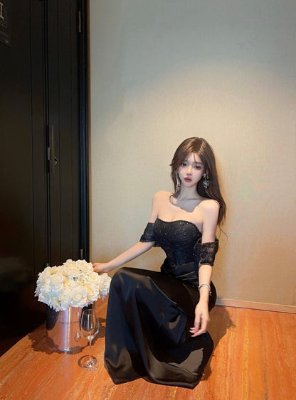 French-Inspired Black Ruched Sheath Mermaid Maxi Dress Vintage Off-Shoulder Bodycon Sparkly Sequins Backless Long Dress AP1701