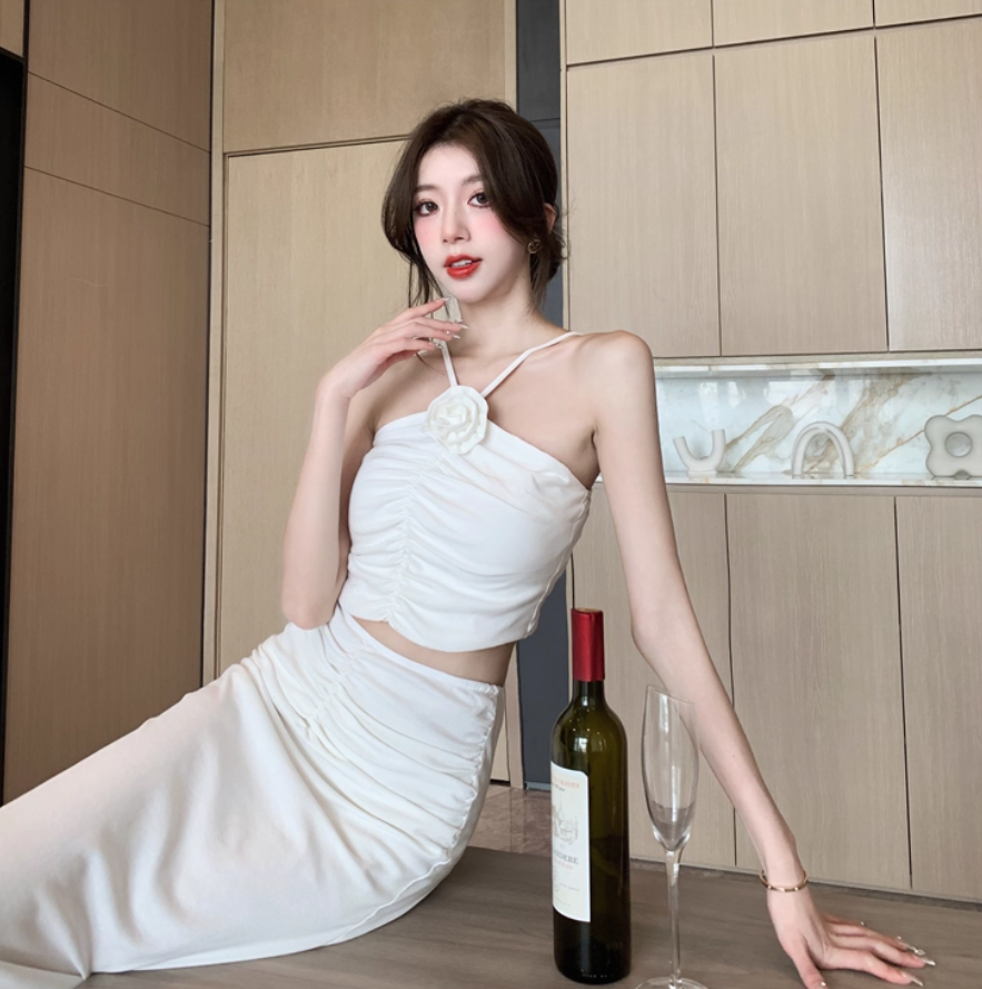 French Style White Draped Two-Piece Set Midi Dress Elegant Flower Design Open-Waist Slit Halter Long Dress AP1702