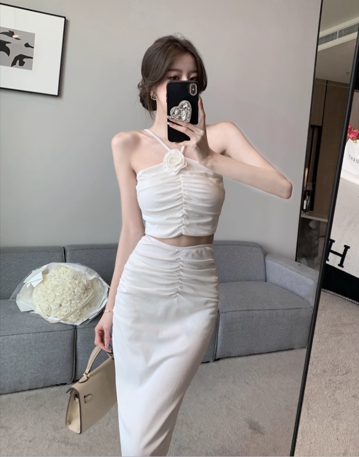 French Style White Draped Two-Piece Set Midi Dress Elegant Flower Design Open-Waist Slit Halter Long Dress AP1702