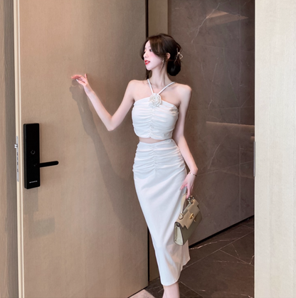 French Style White Draped Two-Piece Set Midi Dress Elegant Flower Design Open-Waist Slit Halter Long Dress AP1702