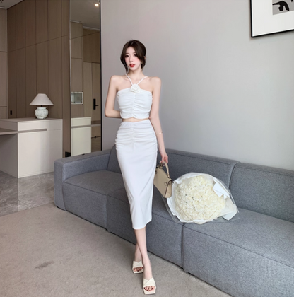 French Style White Draped Two-Piece Set Midi Dress Elegant Flower Design Open-Waist Slit Halter Long Dress AP1702