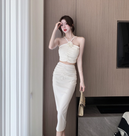French Style White Draped Two-Piece Set Midi Dress Elegant Flower Design Open-Waist Slit Halter Long Dress AP1702