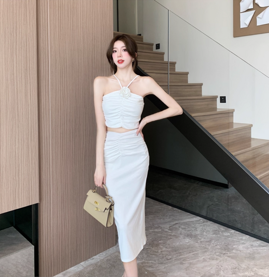 French Style White Draped Two-Piece Set Midi Dress Elegant Flower Design Open-Waist Slit Halter Long Dress AP1702