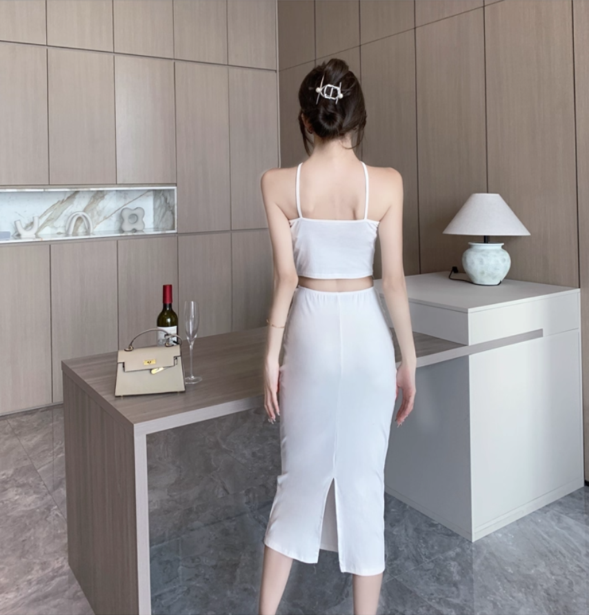 French Style White Draped Two-Piece Set Midi Dress Elegant Flower Design Open-Waist Slit Halter Long Dress AP1702