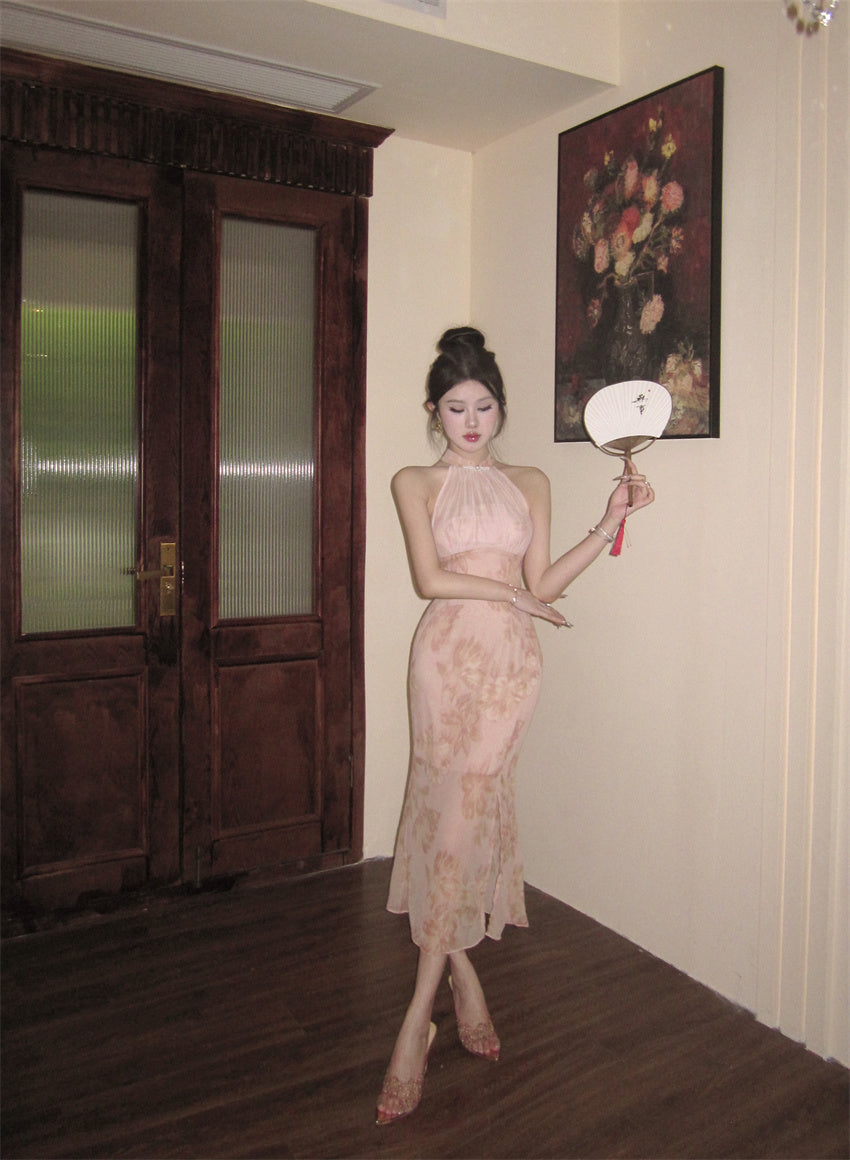 Oriental Style Pink Floral Print Maxi Dress Vintage Side Slit Slim Fit Sheer Mesh Splicing Halter Long Dress AP1703