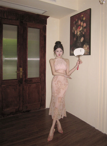 Oriental Style Pink Floral Print Maxi Dress Vintage Side Slit Slim Fit Sheer Mesh Splicing Halter Long Dress AP1703