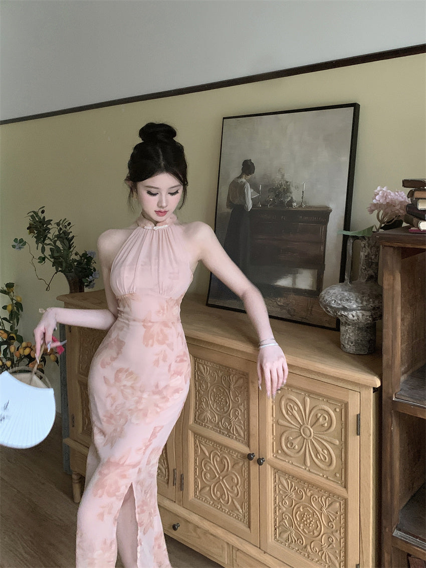 Oriental Style Pink Floral Print Maxi Dress Vintage Side Slit Slim Fit Sheer Mesh Splicing Halter Long Dress AP1703