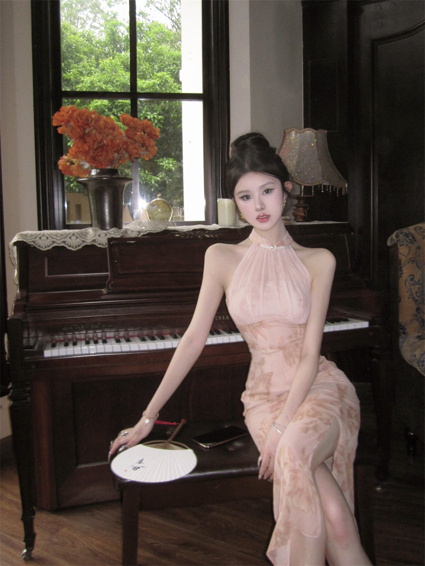 Oriental Style Pink Floral Print Maxi Dress Vintage Side Slit Slim Fit Sheer Mesh Splicing Halter Long Dress AP1703