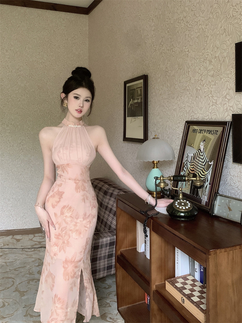 Oriental Style Pink Floral Print Maxi Dress Vintage Side Slit Slim Fit Sheer Mesh Splicing Halter Long Dress AP1703