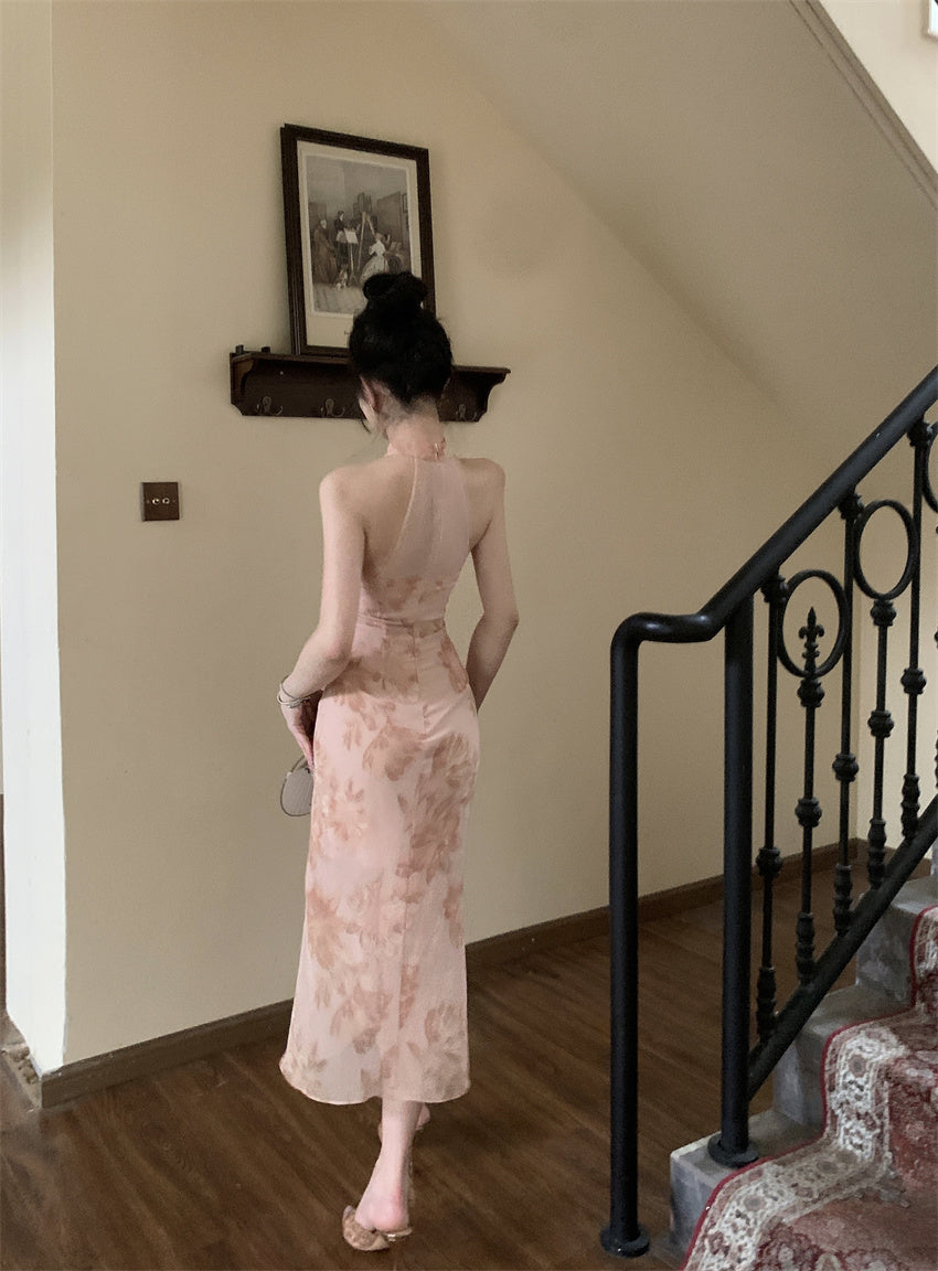Oriental Style Pink Floral Print Maxi Dress Vintage Side Slit Slim Fit Sheer Mesh Splicing Halter Long Dress AP1703