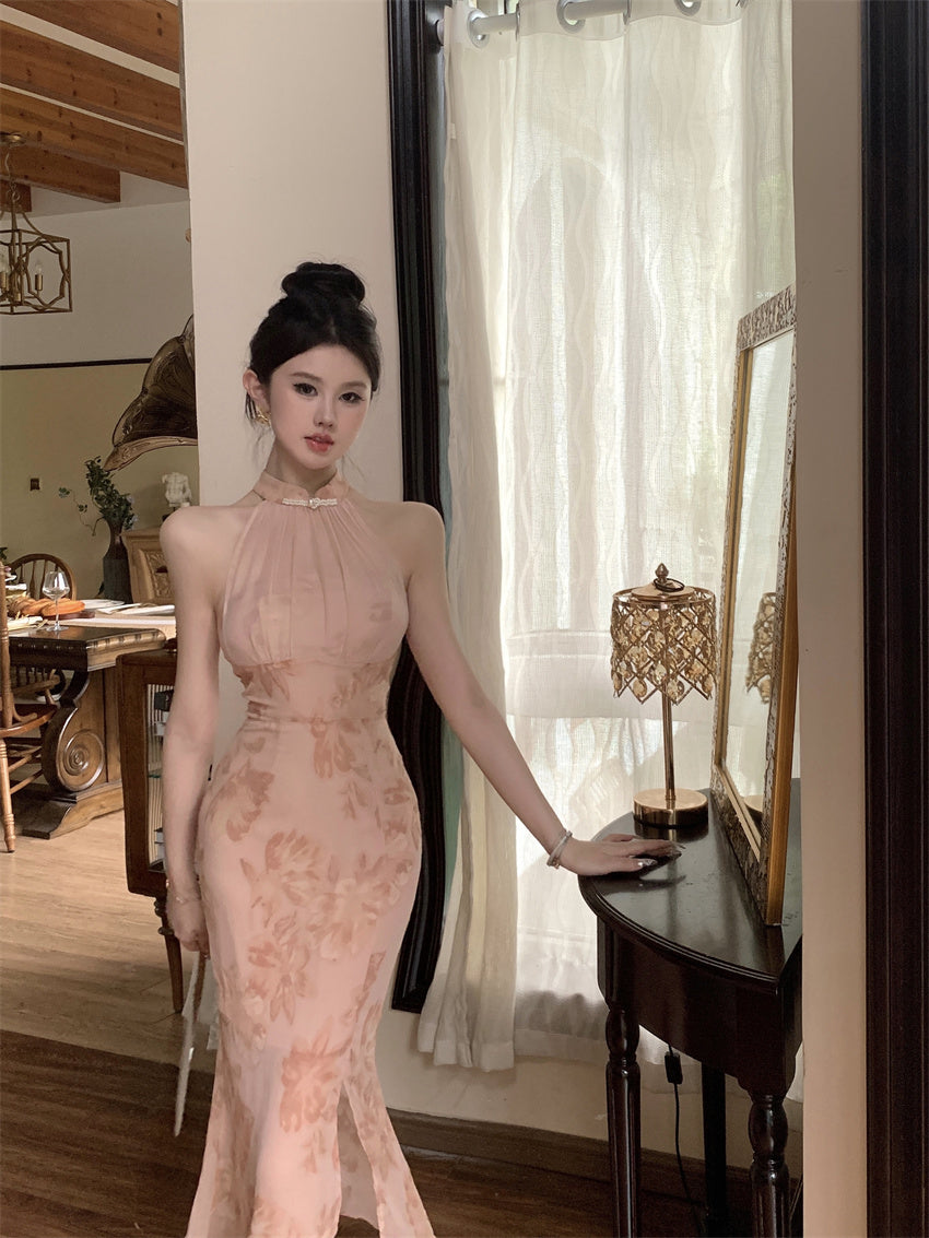Oriental Style Pink Floral Print Maxi Dress Vintage Side Slit Slim Fit Sheer Mesh Splicing Halter Long Dress AP1703