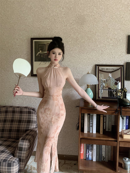 Oriental Style Pink Floral Print Maxi Dress Vintage Side Slit Slim Fit Sheer Mesh Splicing Halter Long Dress AP1703