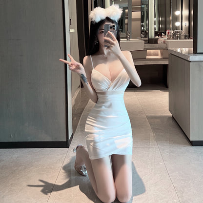 Classical Asymmetric Hem Sheer Mesh Splicing Mini Skirt Chic White Bodycon Club Wear Draped Short Dress AP1704