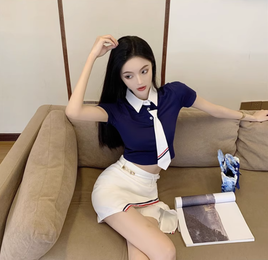 Chic Preppy Co-ord Set Navy Crop Top White Mini Skirt Vibrant Striped Tie Cutout Short Dress AP1705