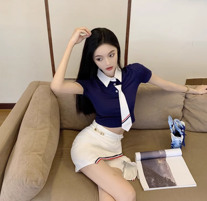 Chic Preppy Co-ord Set Navy Crop Top White Mini Skirt Vibrant Striped Tie Cutout Short Dress AP1705