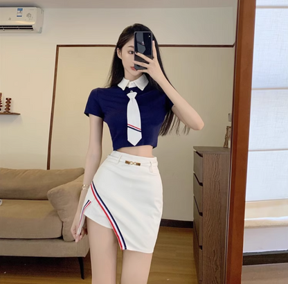 Chic Preppy Co-ord Set Navy Crop Top White Mini Skirt Vibrant Striped Tie Cutout Short Dress AP1705